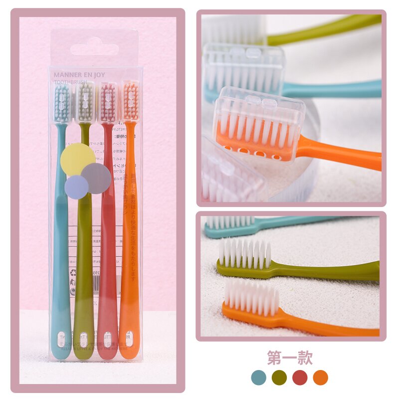 Cepillo de dientes color departamento de venta caliente estilo japonés para estudiantes adultos uso doméstico 4 PCS macaron cepillo de dientes de pelo suave. Specification image