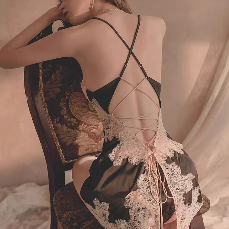 梦幻红粉性感蕾丝睡衣女冰丝情调系带内衣开叉吊带睡裙浴袍