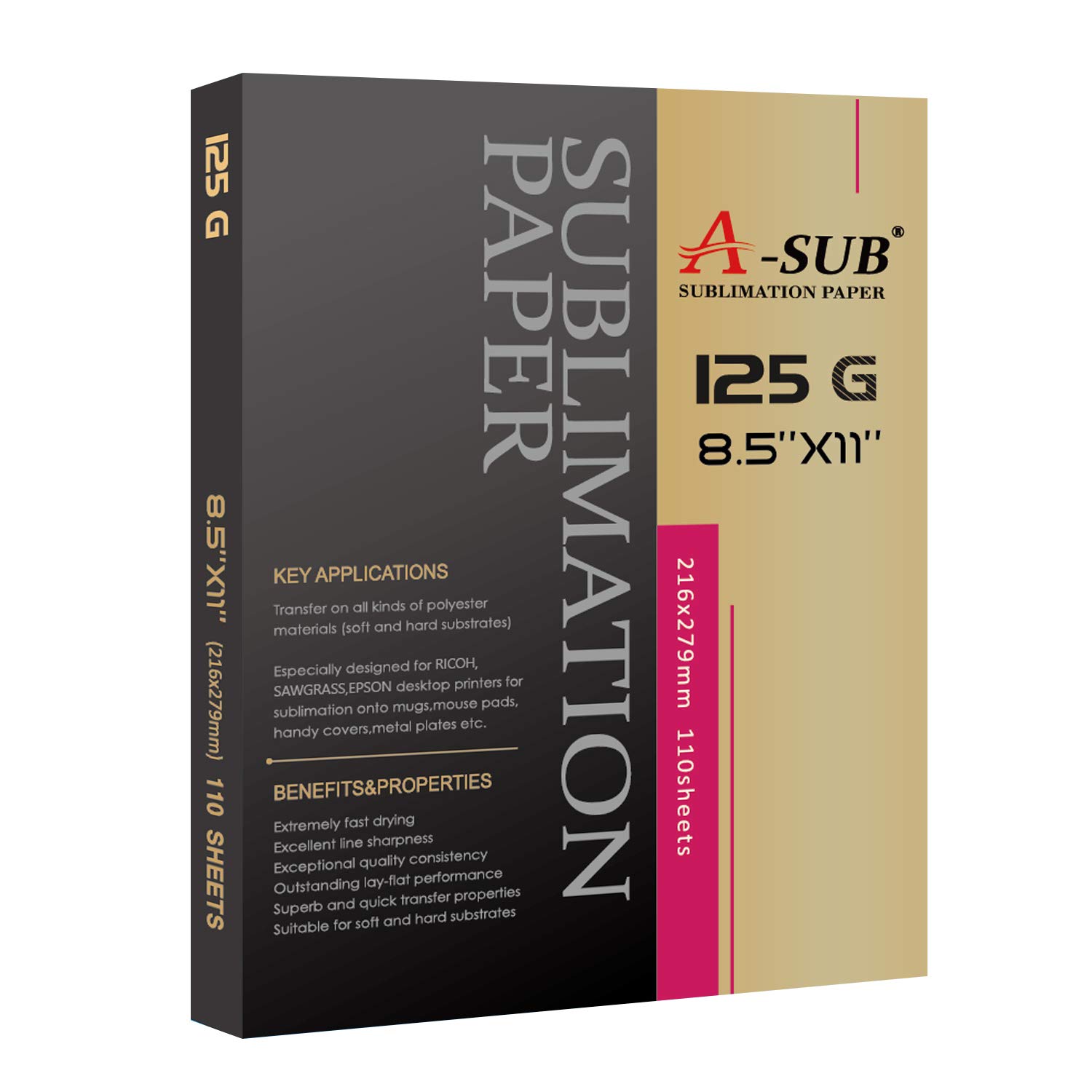 A-SUB 125克升华纸8.5*11英寸110张适用于任何与升华墨水相匹配的喷墨打印机