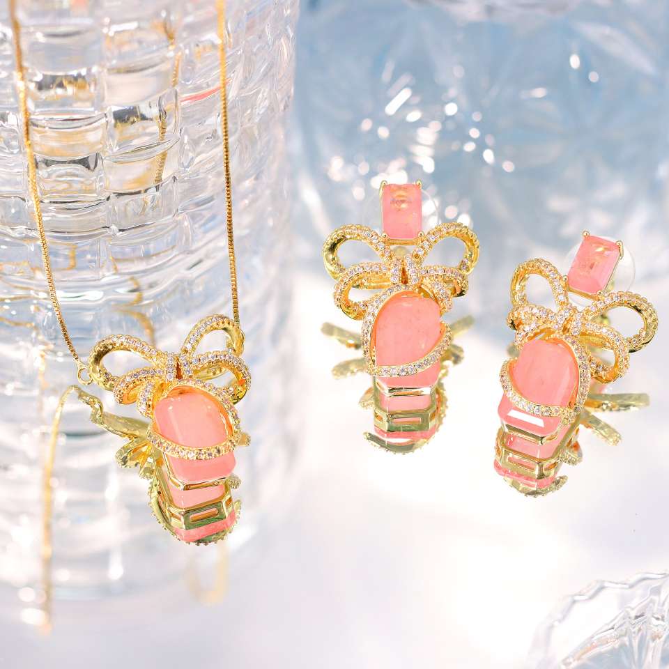Douyin Live high-end bow, sweet collarbone chain, zircon pastel jewelry earrings, copper-plated real gold necklace set detail image 2