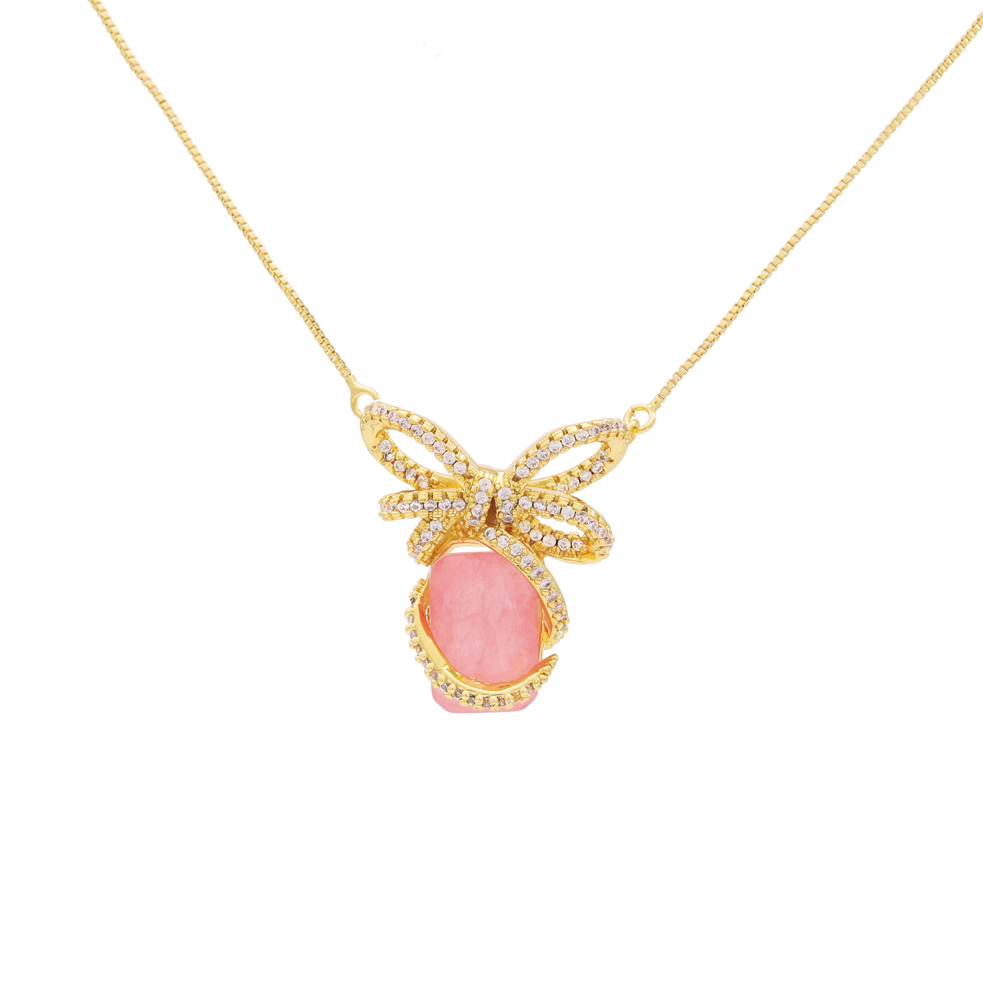 Douyin Live high-end bow, sweet collarbone chain, zircon pastel jewelry earrings, copper-plated real gold necklace set detail image 12