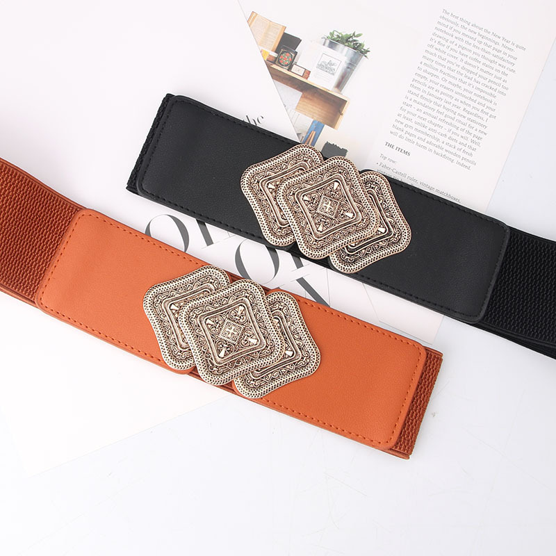 European and American cross-border fashion women's retro carved button-down waist seal dress decoration elastic elastic wide belt details Picture