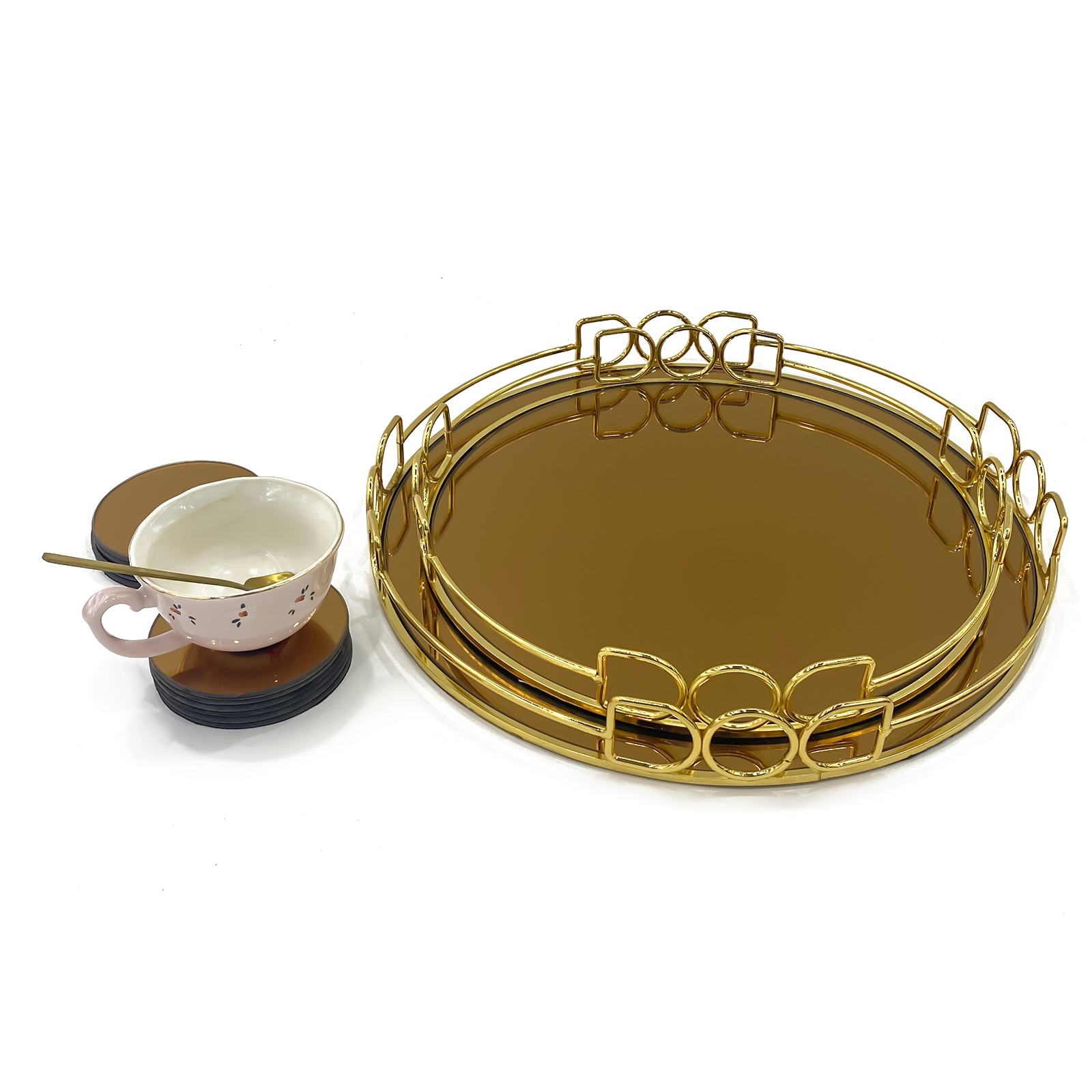 高档轻奢铁艺托盘 香槟色镜面托盘 长方形两件套水果盘 圆形两件套盘子 餐厅客厅收纳盘 金色蛋糕盘家居生活品