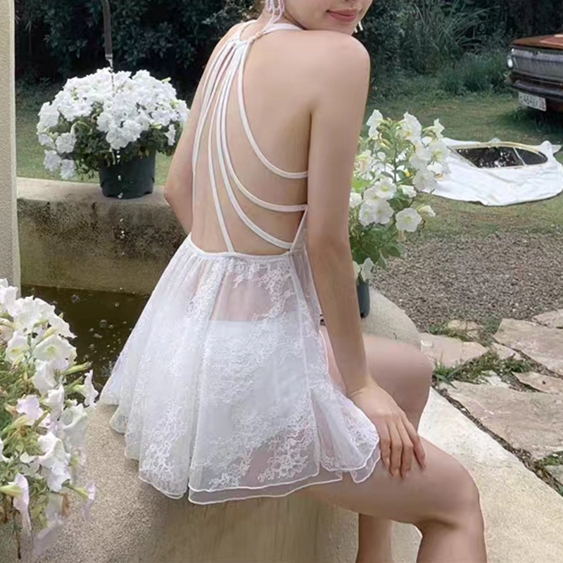 Dreamy red and pink, slimming and high-end lace tulle one-piece dress style, sexy tulle princess pure desire style halter sleeping dress details Picture