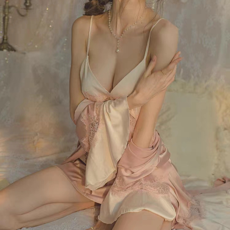 Dreamy red and pink French sexy pajamas, halter V-tie, ice silk thin lace home dress two-piece set Specification image