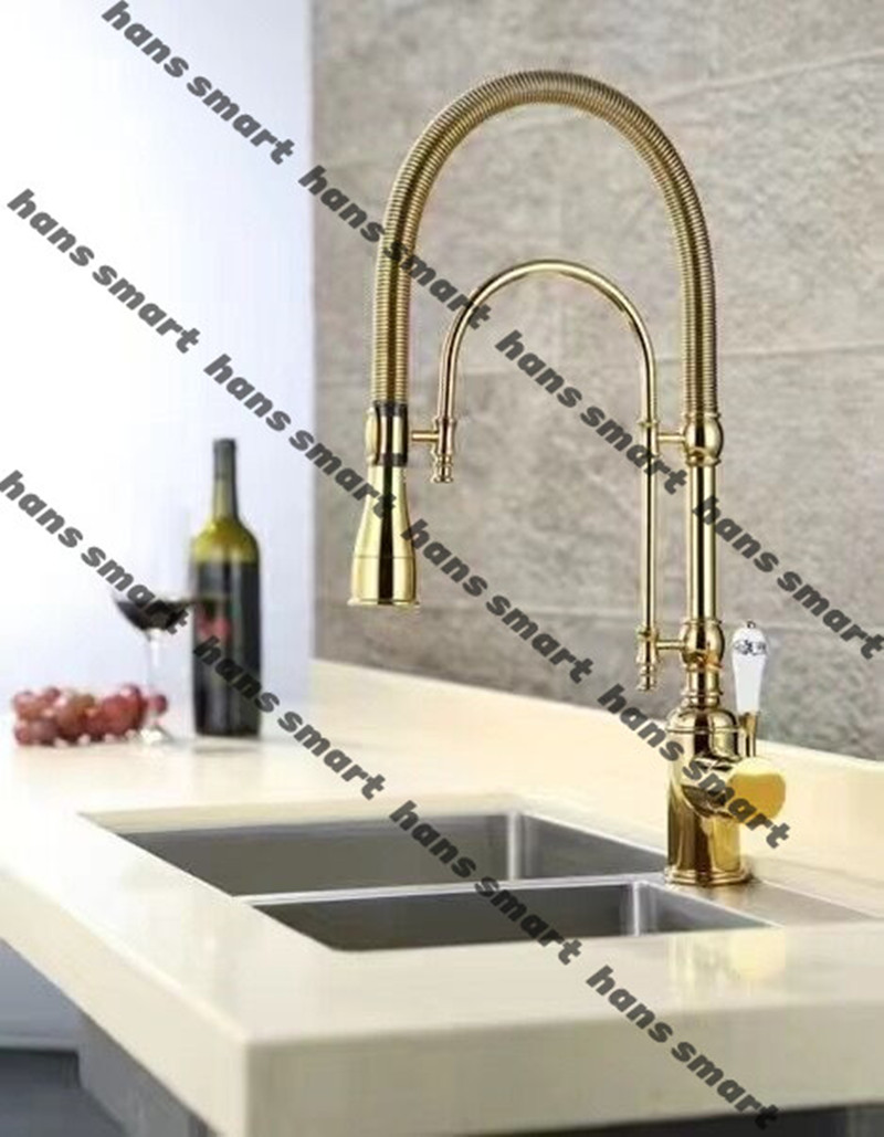 家用抽拉弹簧水龙头拉丝金冷热两用多功能厨房水龙头