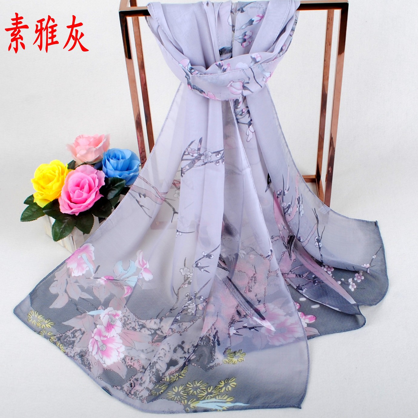 Wholesale of 2022 Spring New Style Auspicious Bird Women's Chiffon long silk scarves, small scarves and small gifts Application Scenario
