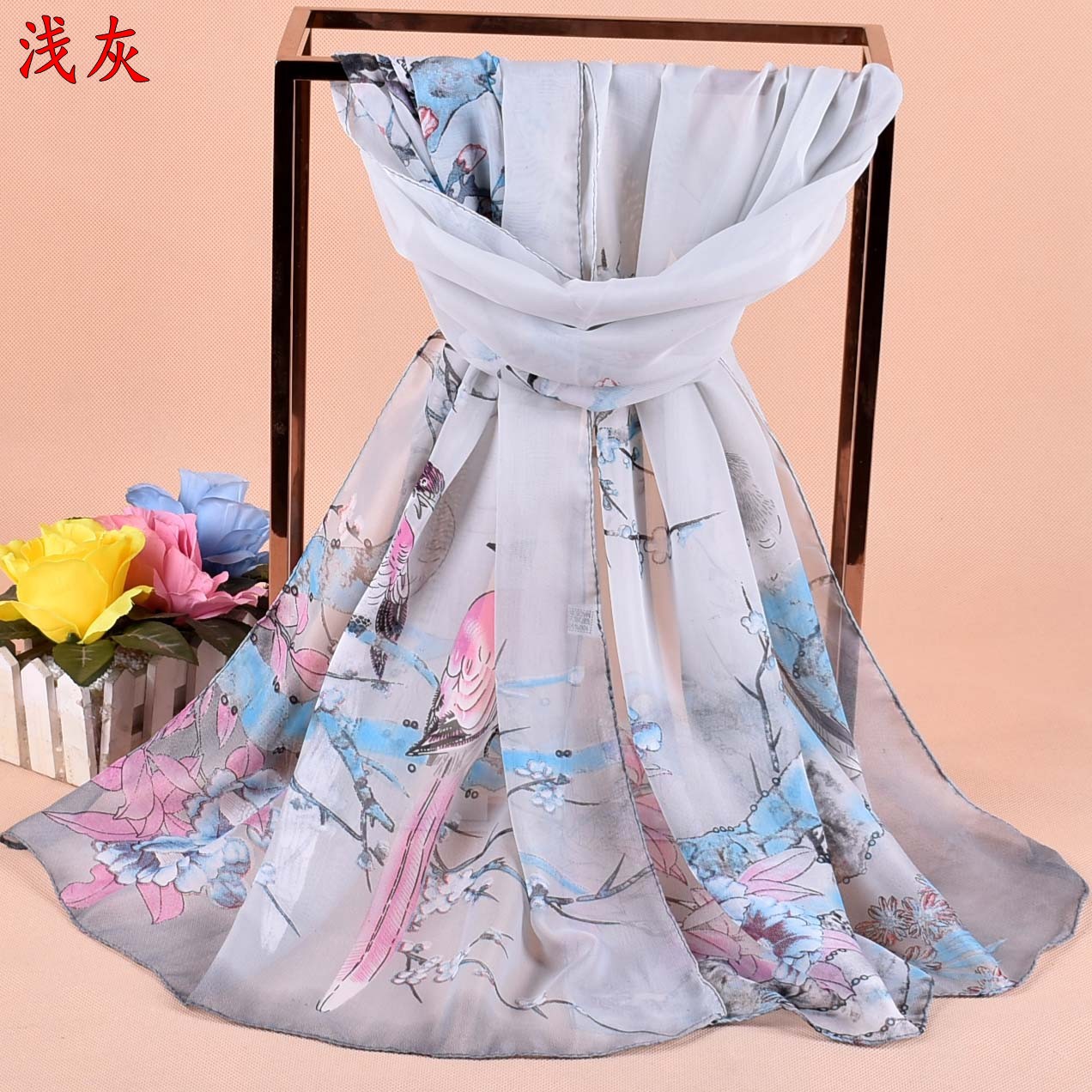 Wholesale of 2022 Spring New Style Auspicious Bird Women's Chiffon long silk scarves, small scarves and small gifts details Picture
