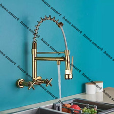 全铜款式金色高压抽拉大弹簧双出水厨房洗菜盆水槽冷热水龙头