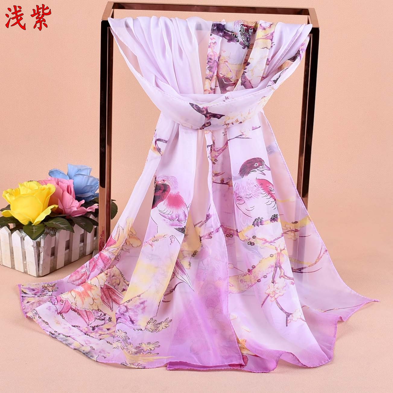 Wholesale of 2022 Spring New Style Auspicious Bird Women's Chiffon long silk scarves, small scarves and small gifts Specification image