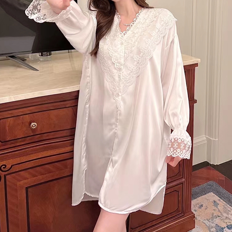 Dreamy red and pink long-sleeved nightgown, ice silk lace, white sweet and pure shirt, pajamas for ladies Application Scenario