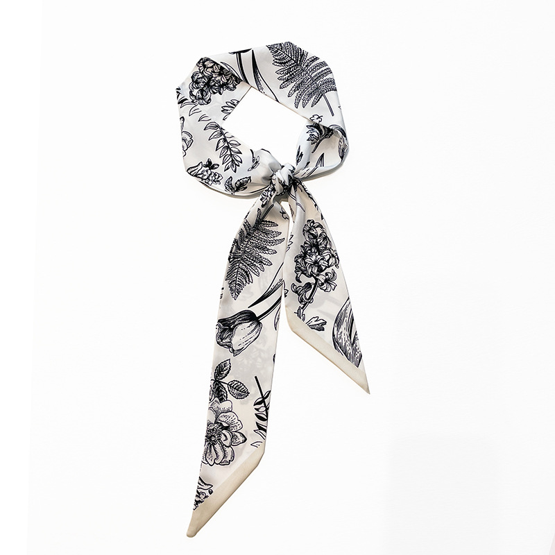 Korean version simple hand-painted flower artistic double-layer satin small neckerchief, long silk scarf for neck protection, women's ribbon tie and hair band
