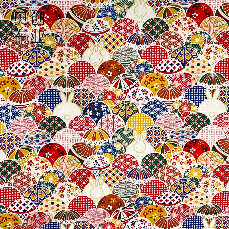 Japanese-style cartoon printed rabbit umbrella thread ball patchwork fabric, all-cotton gold-embossed clothing accessory fabric, gold powder fabric