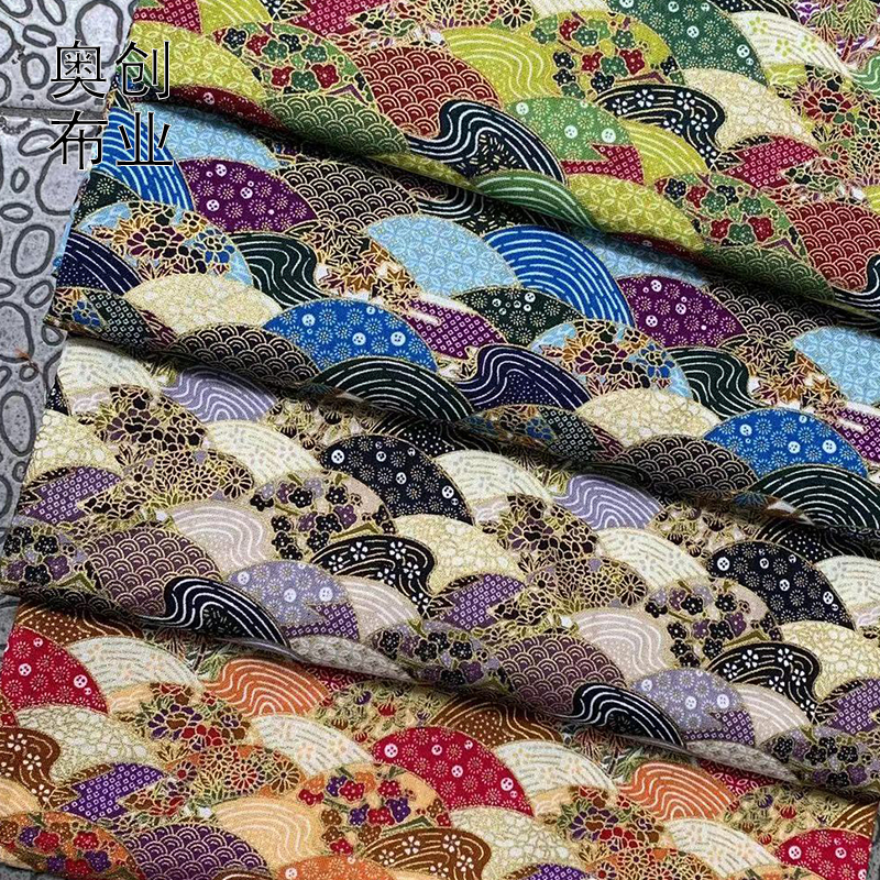 All-cotton gold-embossed Japanese-style fabric, wavy fan printed Japanese-style fabric, handcrafted DIY decorative gold powder fabric for kimono details Picture