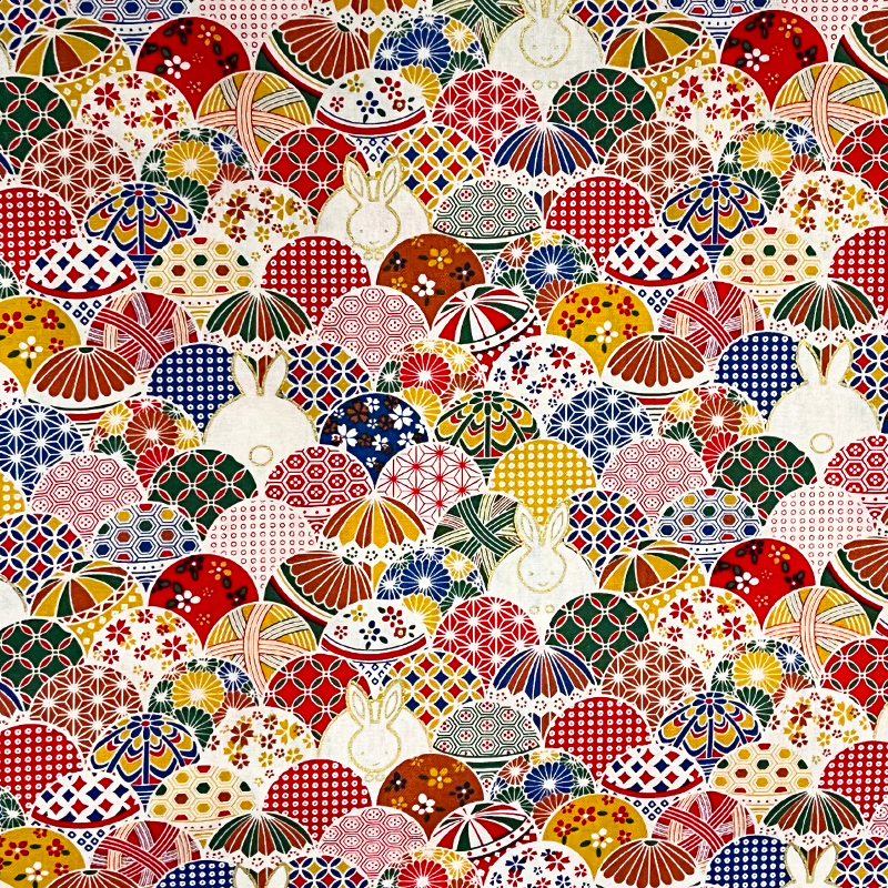 Japanese-style cartoon printed rabbit umbrella thread ball patchwork fabric, all-cotton gold-embossed clothing accessory fabric, gold powder fabric Item Picture