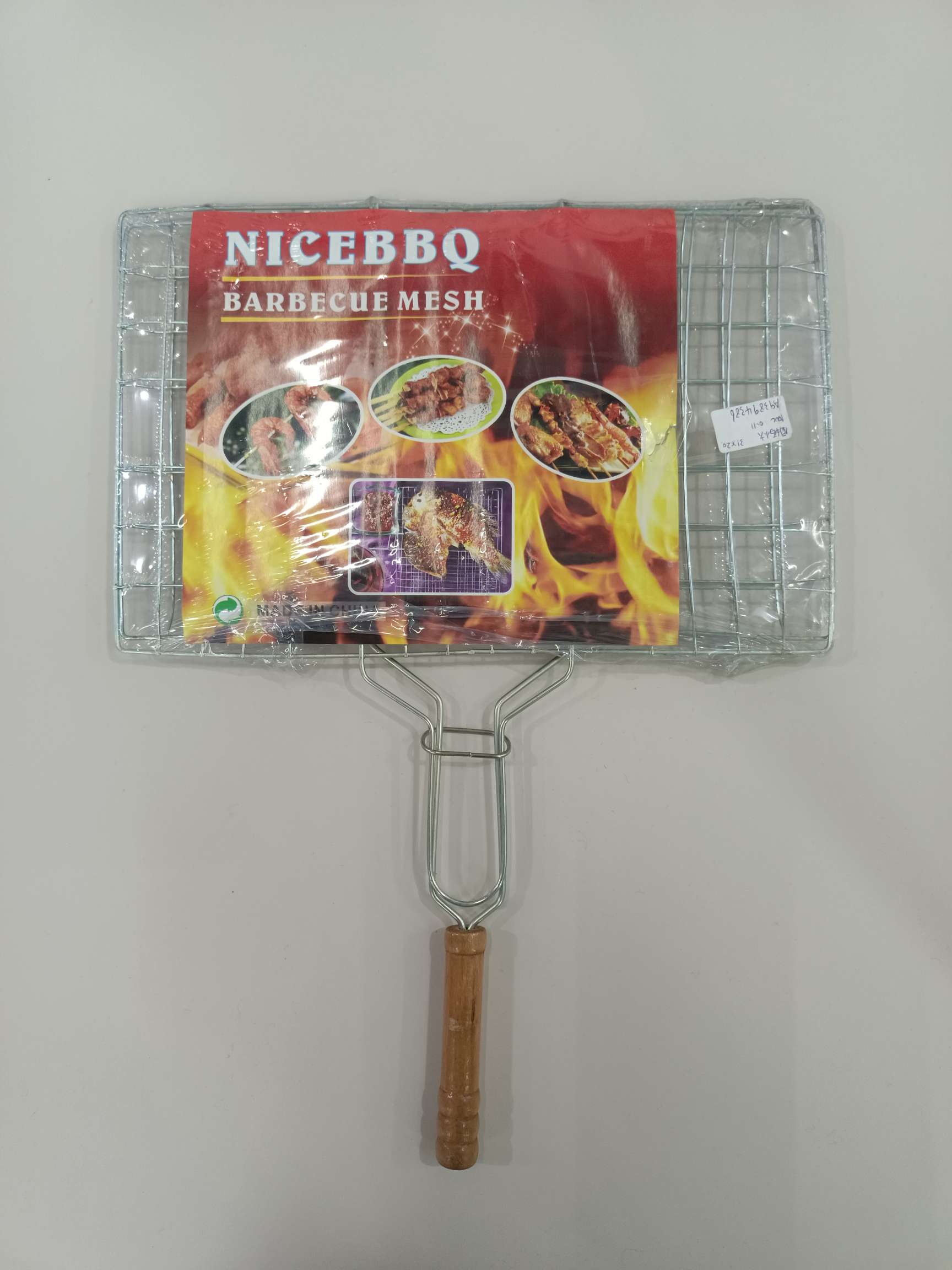 圆木柄小六汉堡烤网电镀大号烤鱼夹BBQ烧烤网户外烤肉夹烧烤工具