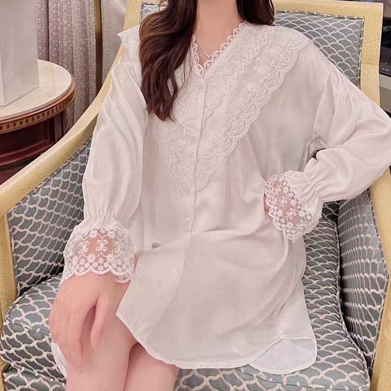 梦幻红粉长袖睡裙冰丝蕾丝白色甜美纯欲衬衫睡衣女士