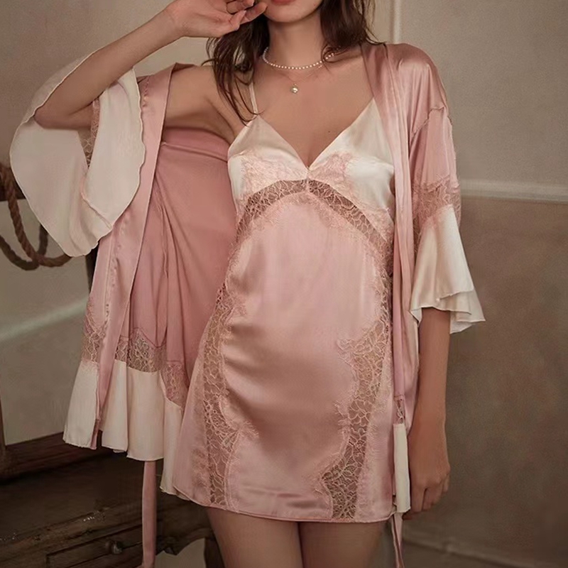 梦幻红粉性感睡衣女士夏粉色蕾丝吊带睡裙荷叶边睡袍真丝晨袍
