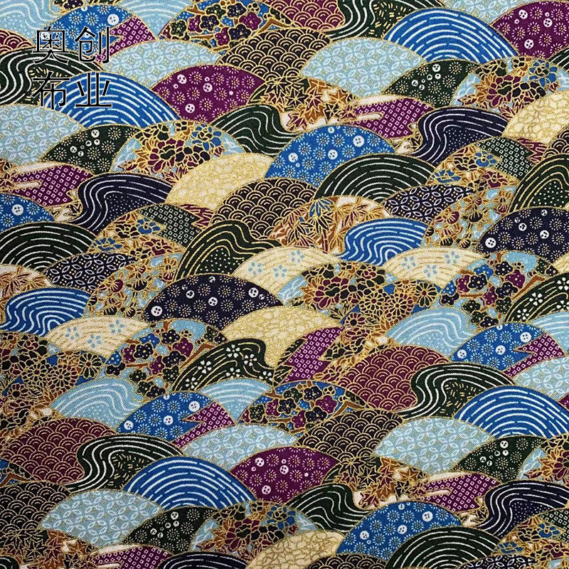 All-cotton gold-embossed Japanese-style fabric, wavy fan printed Japanese-style fabric, handcrafted DIY decorative gold powder fabric for kimono Specification image
