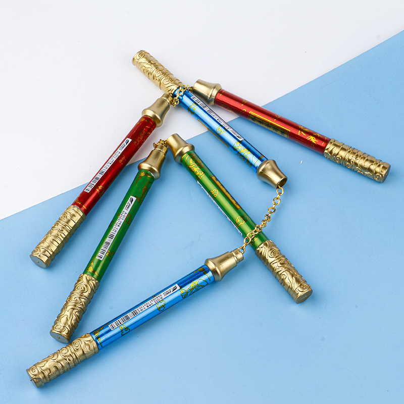 Creative cartoon appearance, golden hoop rod, nunchucks, children's writing pen, blue and black double pen core, student learning gel pen details Picture