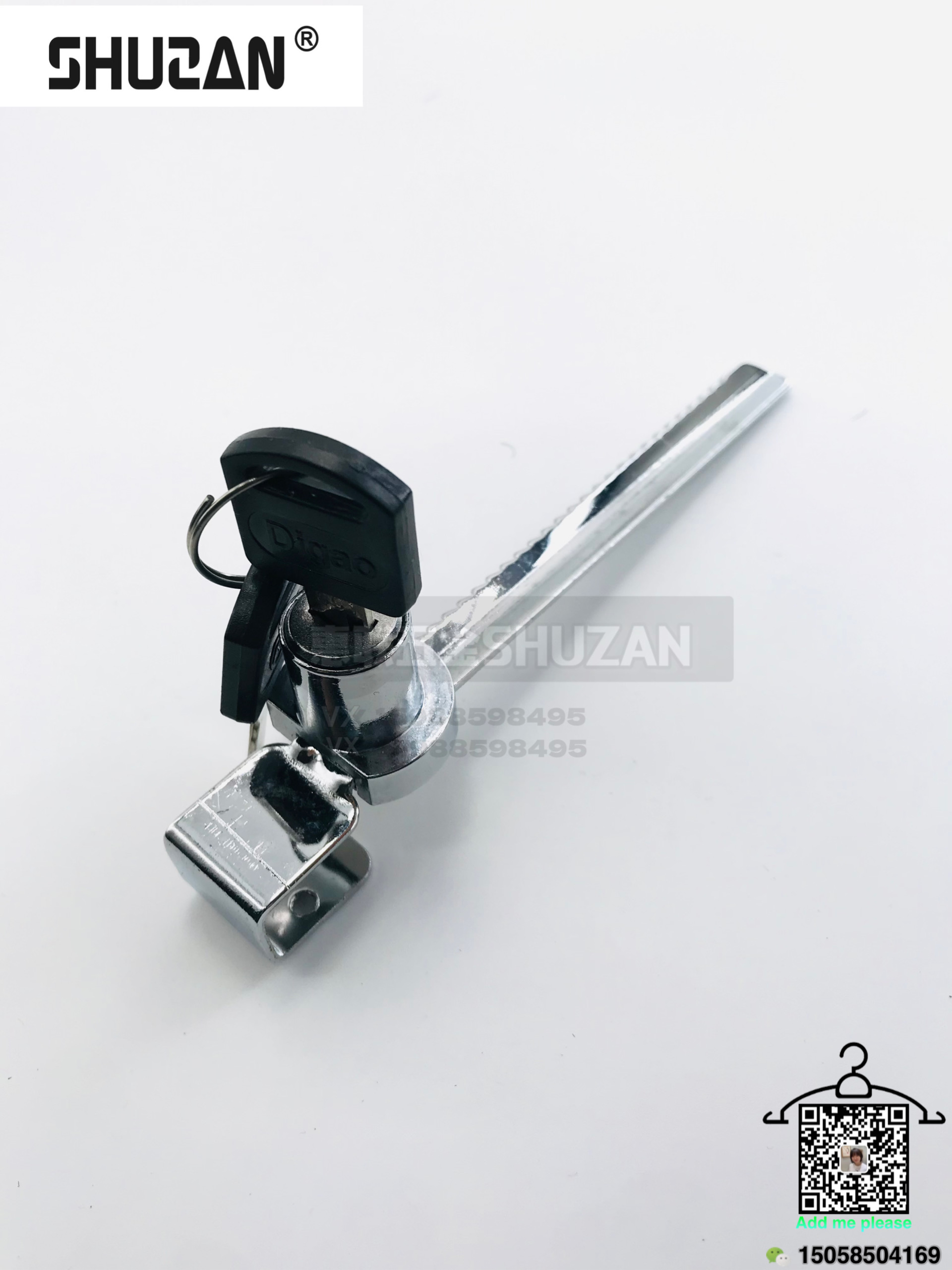 The long rod type Shuzan drawer lock is made of stainless steel and is sturdy. The lock tongue is specially supplied for export