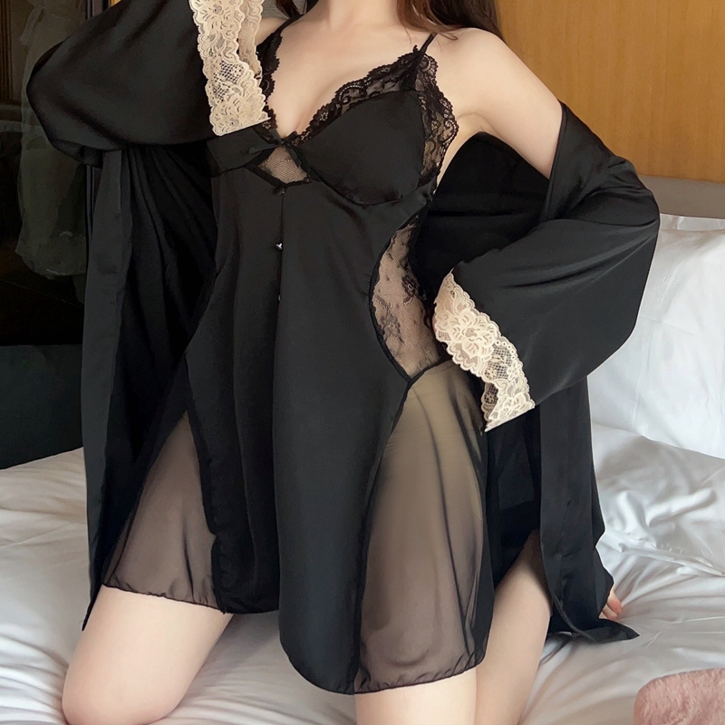Dreamy red and pink pajamas, ice silk sexy home wear, summer lace halter, backless sleeping skirt, chest cushion sleeping skirt, long sleeves Application Scenario