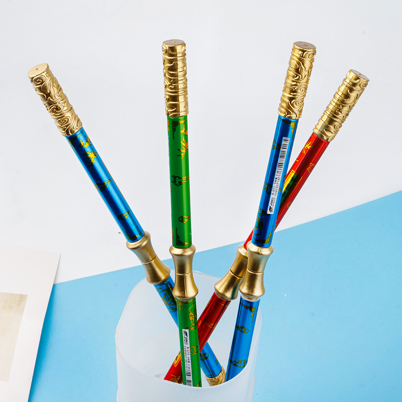 Creative cartoon appearance, golden hoop rod, nunchucks, children's writing pen, blue and black double pen core, student learning gel pen Specification image