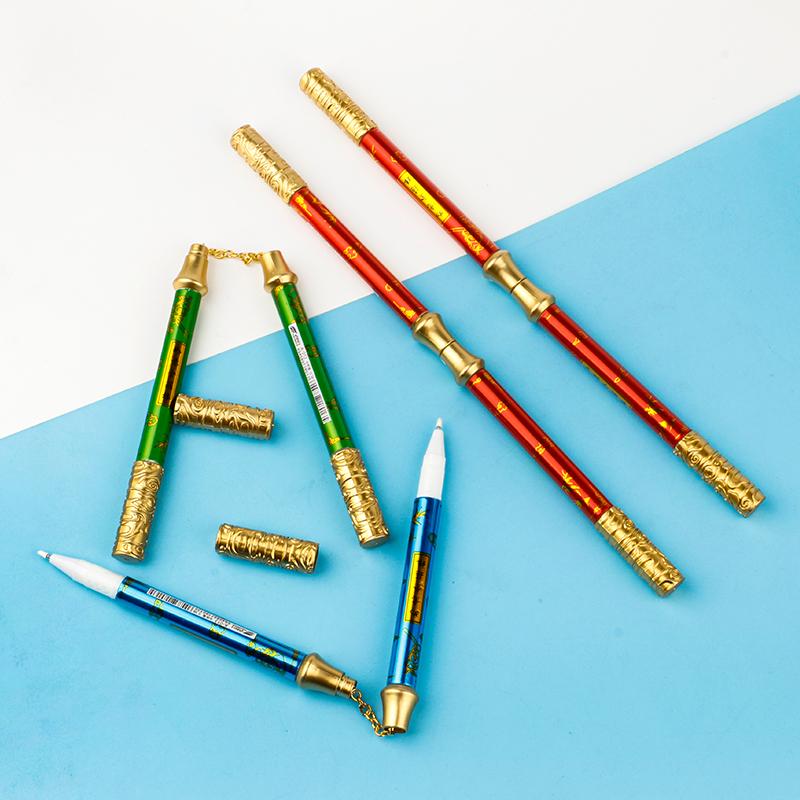Creative cartoon appearance, golden hoop rod, nunchucks, children's writing pen, blue and black double pen core, student learning gel pen