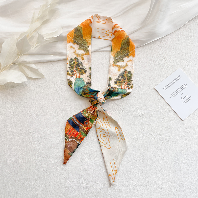 Korean version simple hand-painted flower artistic double-layer satin small neckerchief, long silk scarf for neck protection, women's ribbon tie, simple hair band