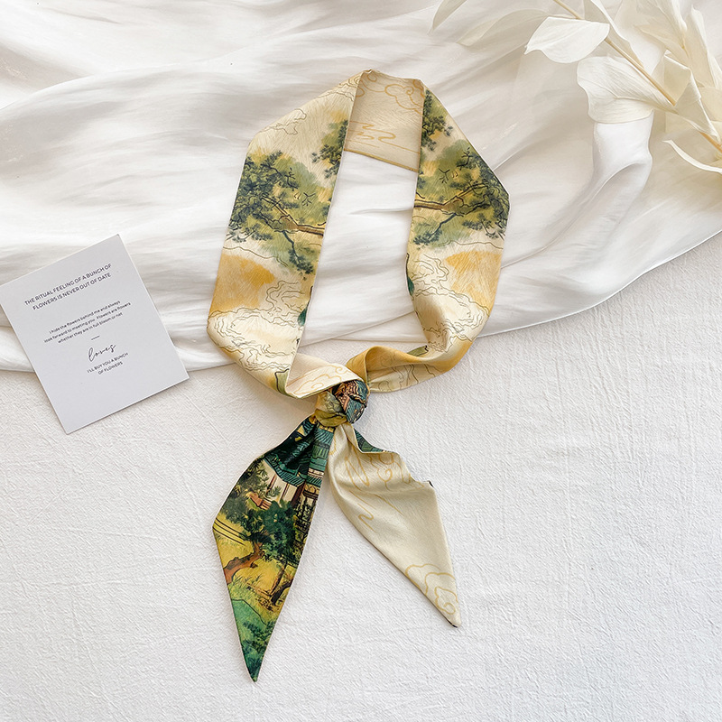 Korean version simple hand-painted flower artistic double-layer satin small neckerchief, long silk scarf for neck protection, women's ribbon tie, simple hair band Specification image