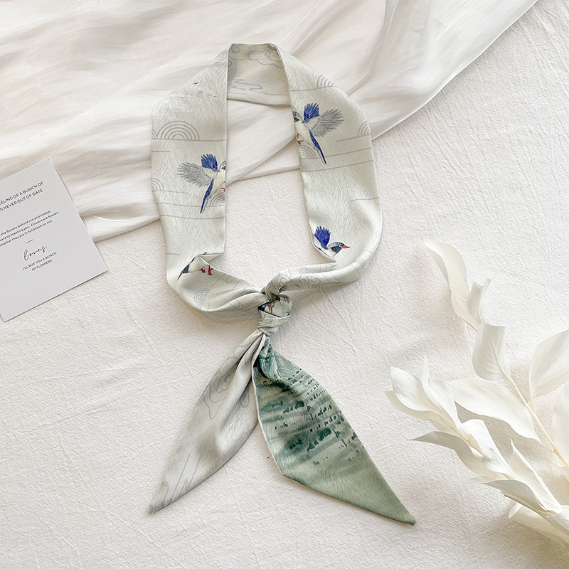 Korean version simple hand-painted flower artistic double-layer satin small neckerchief, long silk scarf for neck protection, women's ribbon tie, simple hair band details Picture