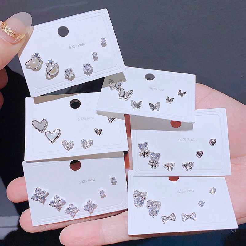 Spring and Summer new simple and fashionable ear stud 925 silver needle earrings, versatile heart-shaped butterfly earrings, three pairs in one card