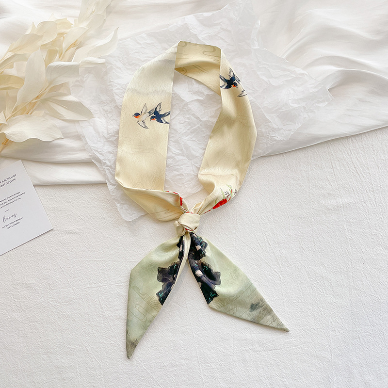 Korean version simple hand-painted flower artistic double-layer satin small neckerchief, long silk scarf for neck protection, women's ribbon tie, simple hair band Application Scenario