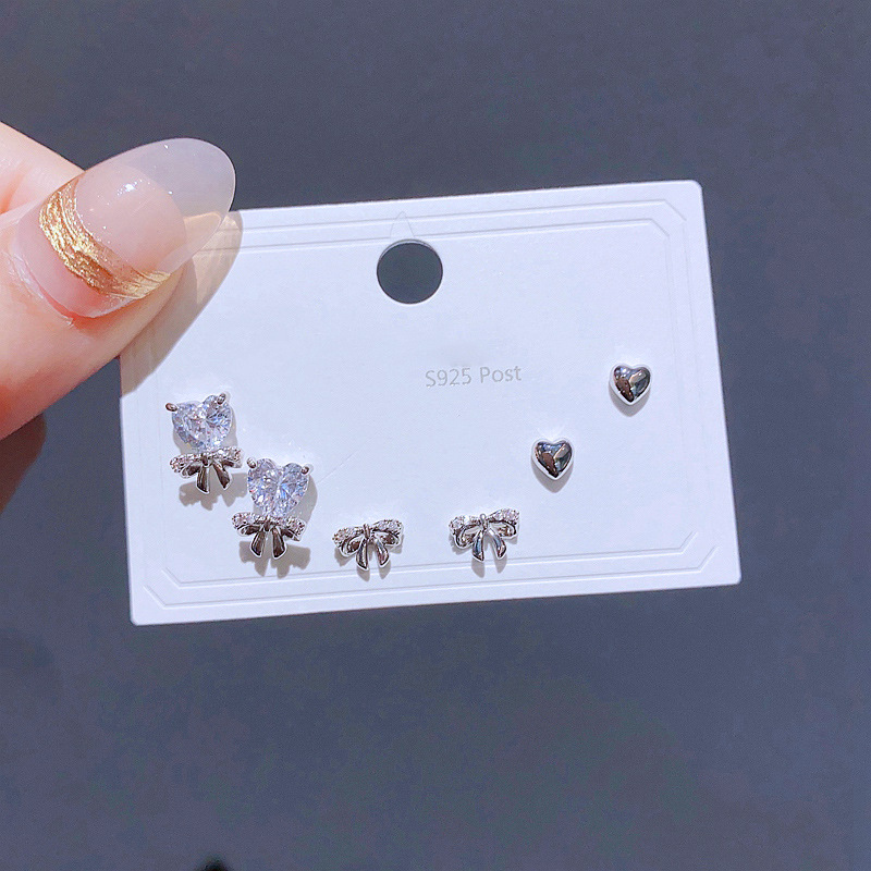Spring and Summer new simple and fashionable ear stud 925 silver needle earrings, versatile heart-shaped butterfly earrings, three pairs in one card Application Scenario