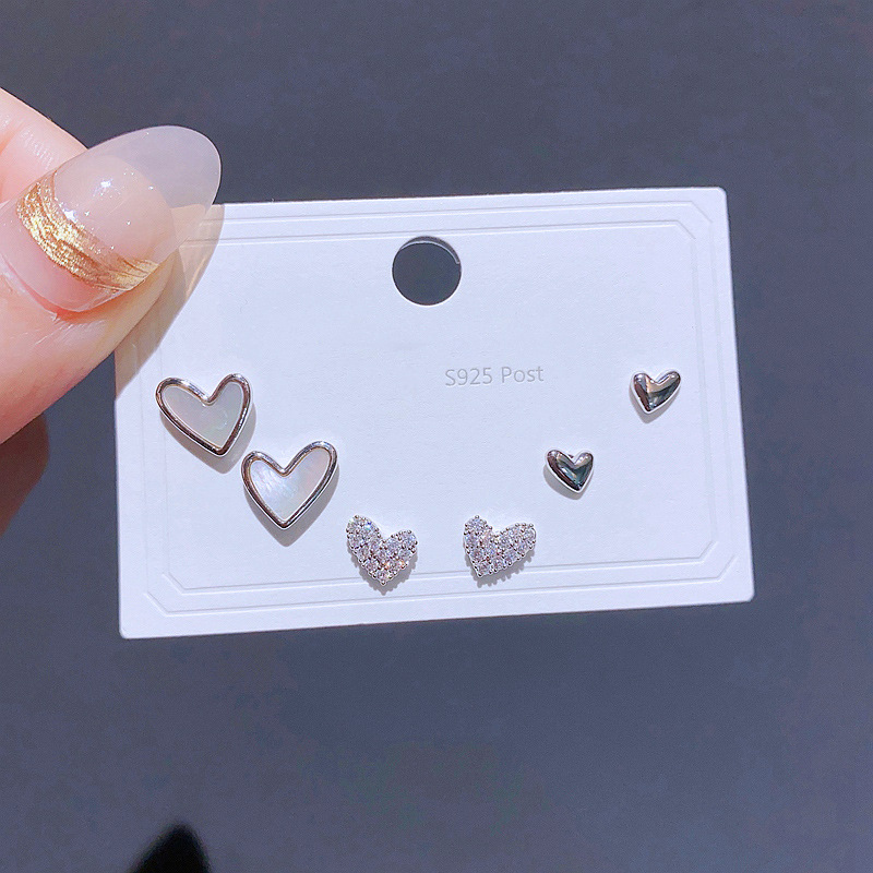 Spring and Summer new simple and fashionable ear stud 925 silver needle earrings, versatile heart-shaped butterfly earrings, three pairs in one card Specification image