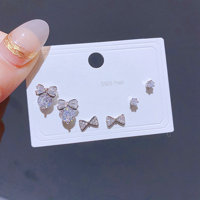Spring and Summer new simple and fashionable ear stud 925 silver needle earrings, versatile heart-shaped butterfly earrings, three pairs in one card detail image 9