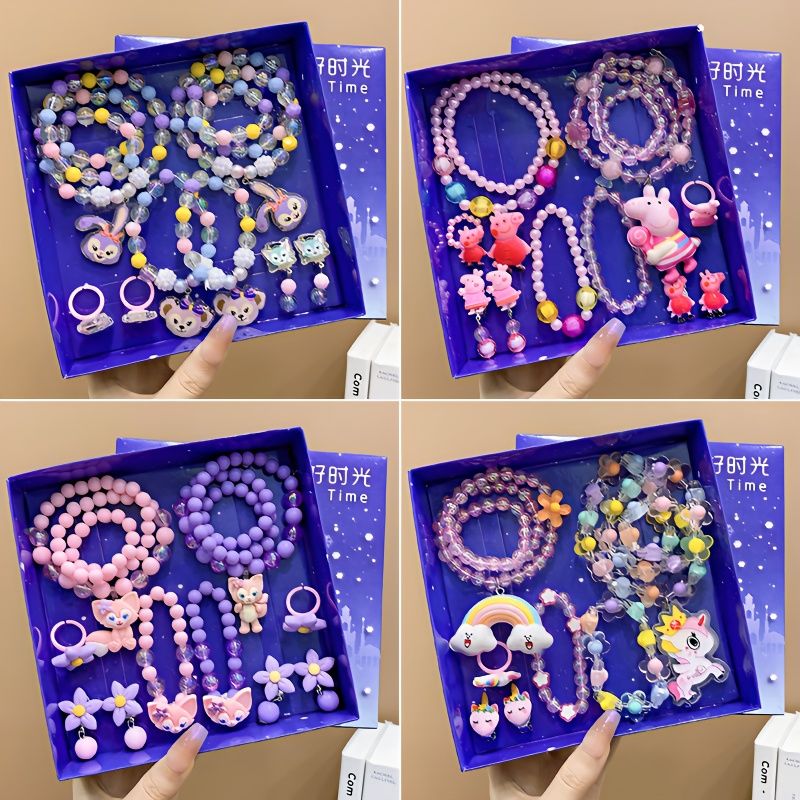 Children's baby princess Frozen necklace, cute cartoon bracelet, ring, ear clip, blue gift box, girls' accessories