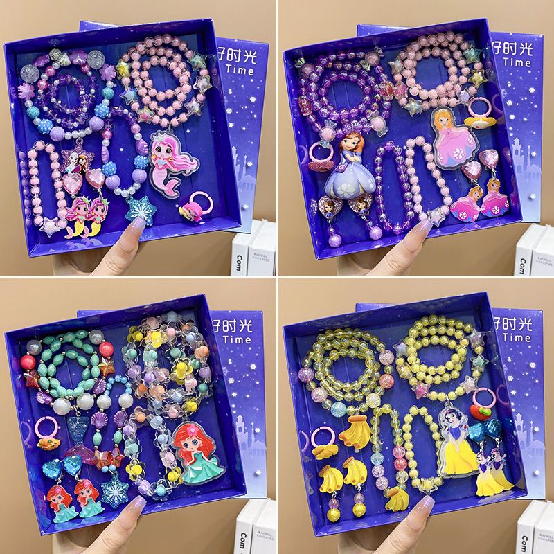 Children's baby princess Frozen necklace, cute cartoon bracelet ring, ear clip, blue gift box, girls' accessories 2