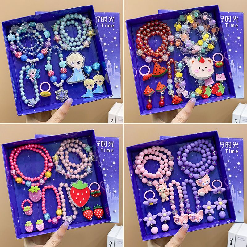 Children's baby princess Frozen necklace, cute cartoon bracelet ring, ear clip, blue gift box, girls' accessories 2 details Picture