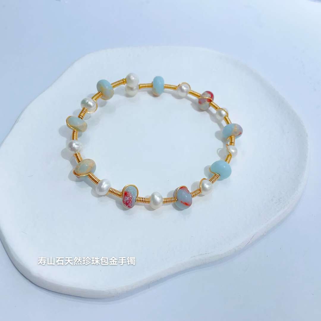 Original design factory direct sales of natural pearls, natural stones, Shoushan stones/Dongling jade hand-wound bracelets