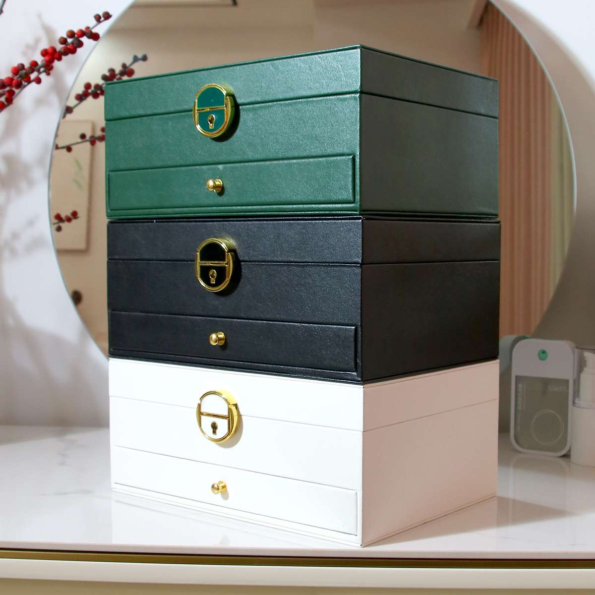 新款珠宝首饰盒三层带锁首饰收纳盒多功能项链耳钉耳环饰品盒 详情图3