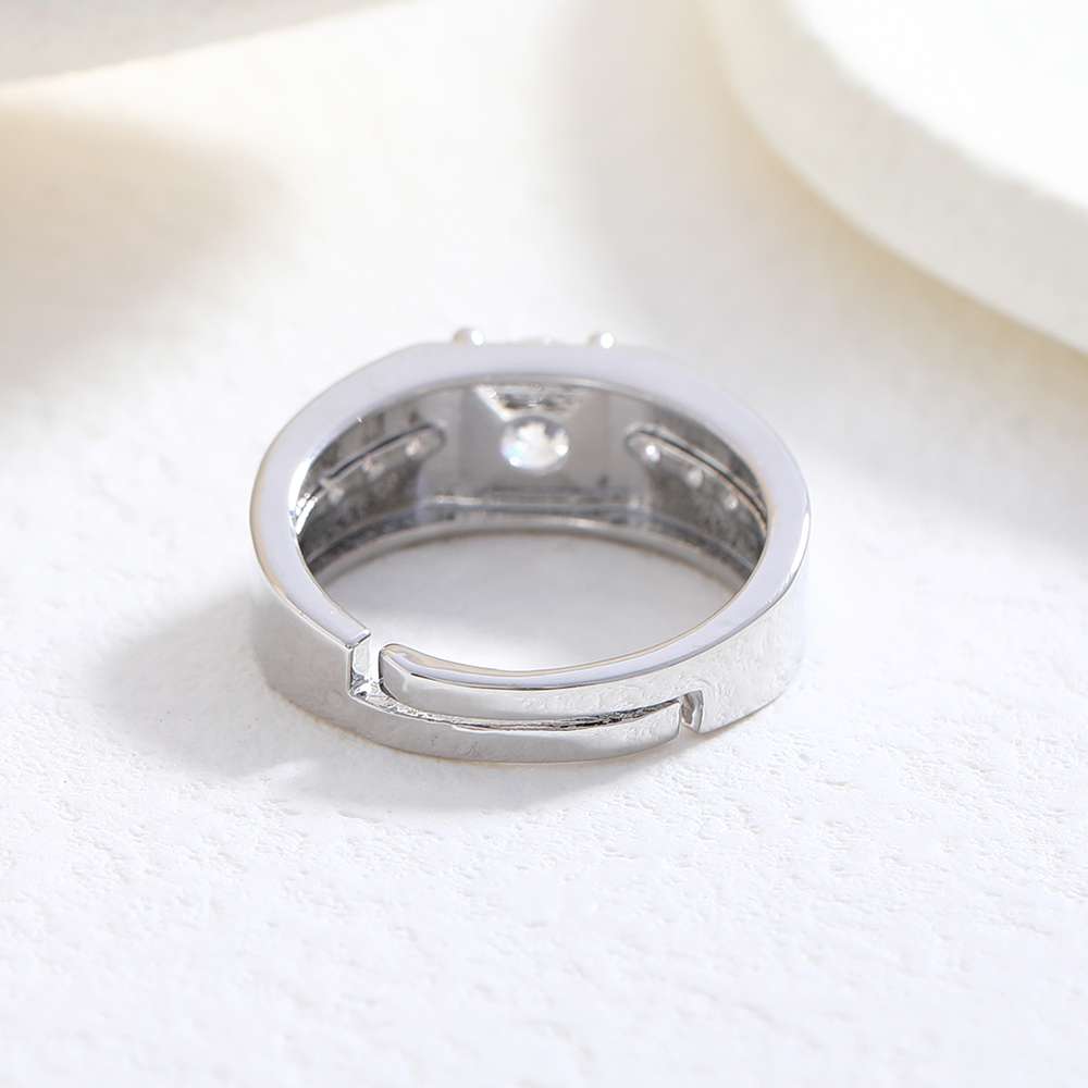 A full-sized open-top ring made of electroplated white gold zircon