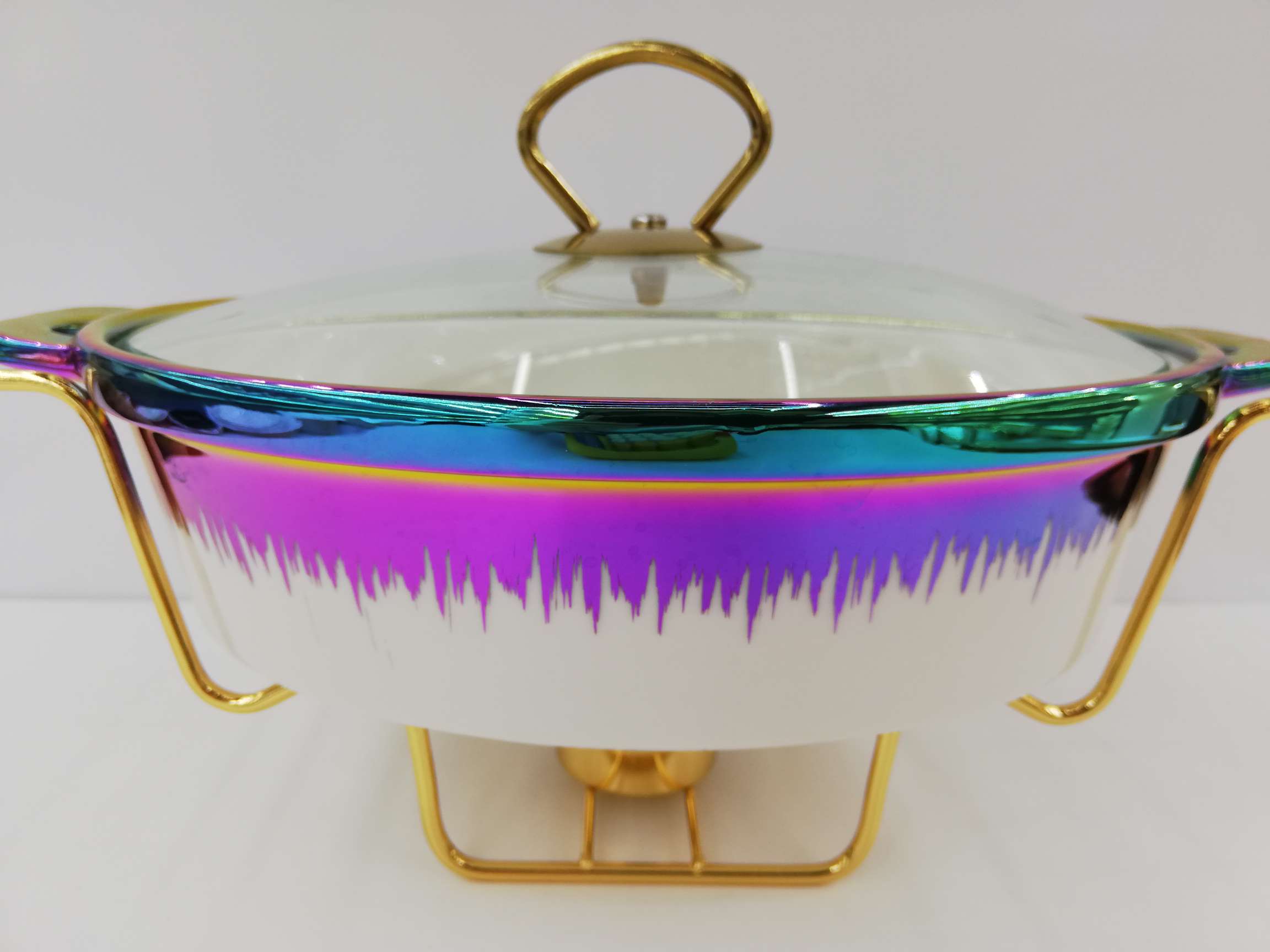 新款网红爆款七彩镀金汤锅带金色铁架13寸椭圆形陶瓷汤锅详情图3