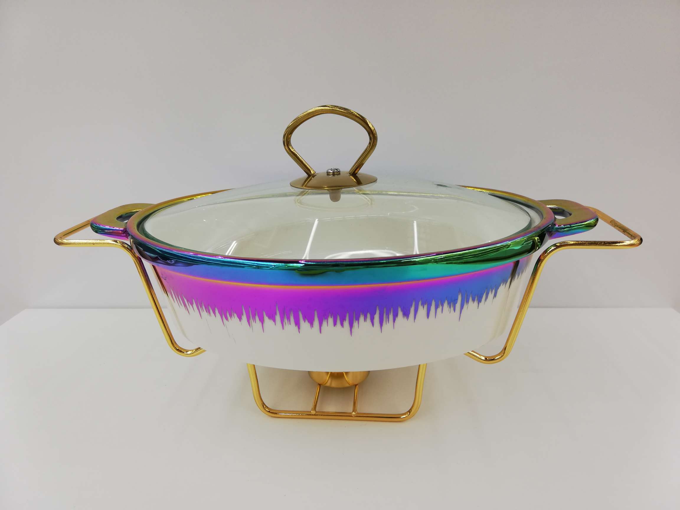 新款网红爆款七彩镀金汤锅带金色铁架13寸椭圆形陶瓷汤锅详情图2