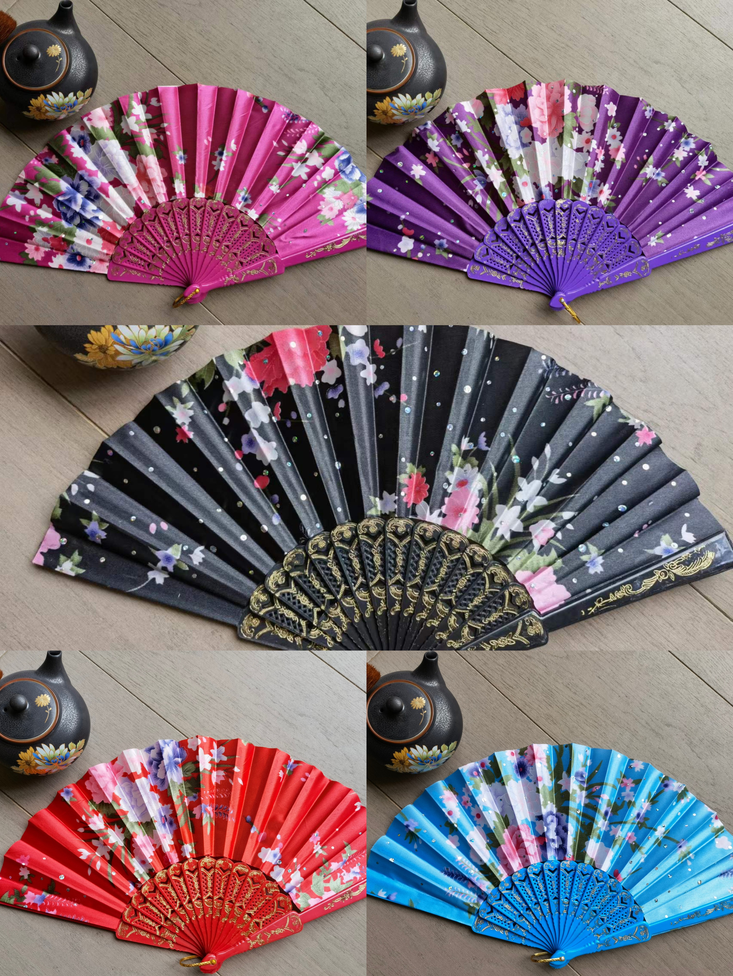 塑料色丁扇，彩色塑料扇骨配彩色扇面印花，扇面色丁布材料，印花系列扇子