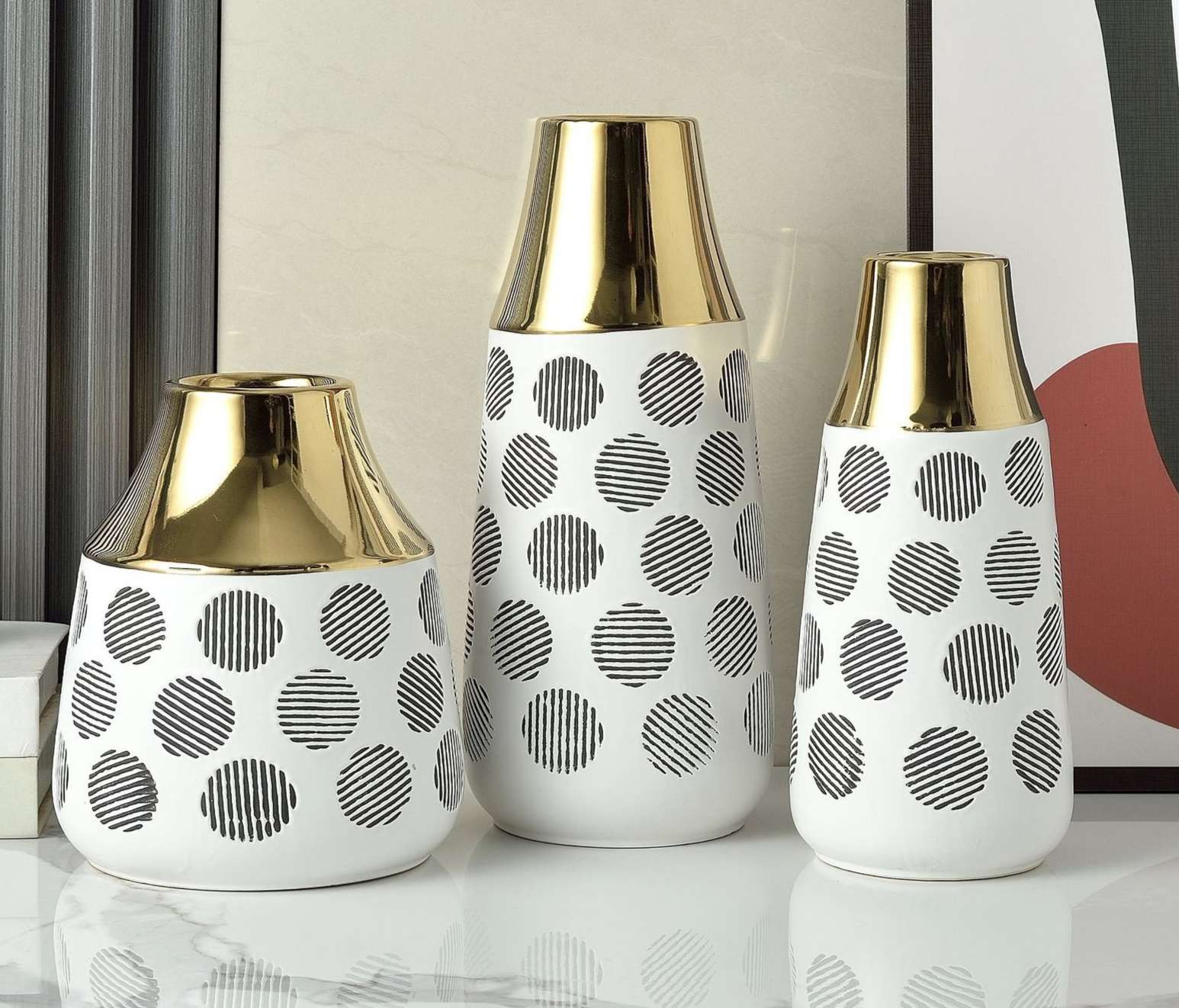 现代轻奢简约白黑金色电镀陶瓷花瓶家居摆件