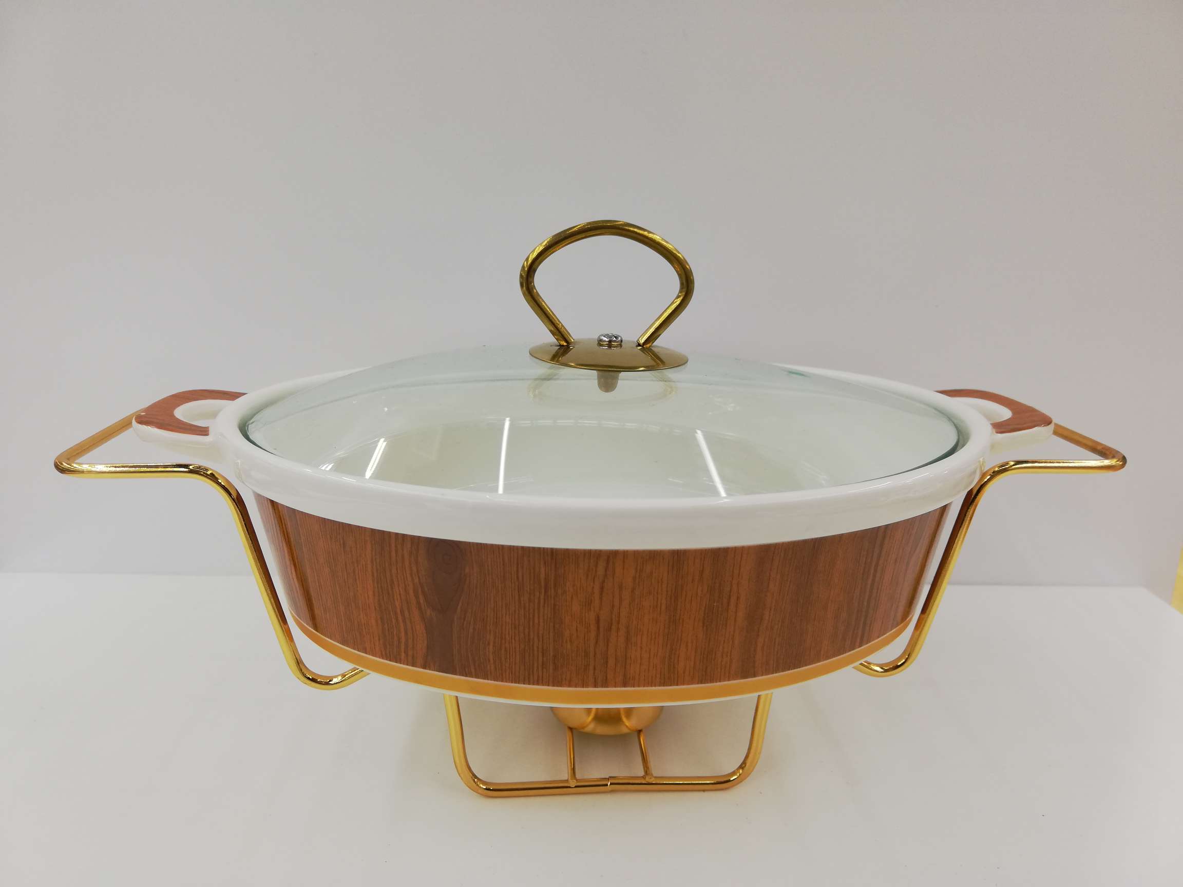 外贸热销新款镀金铁架陶瓷汤锅木纹椭圆形玻璃盖汤锅