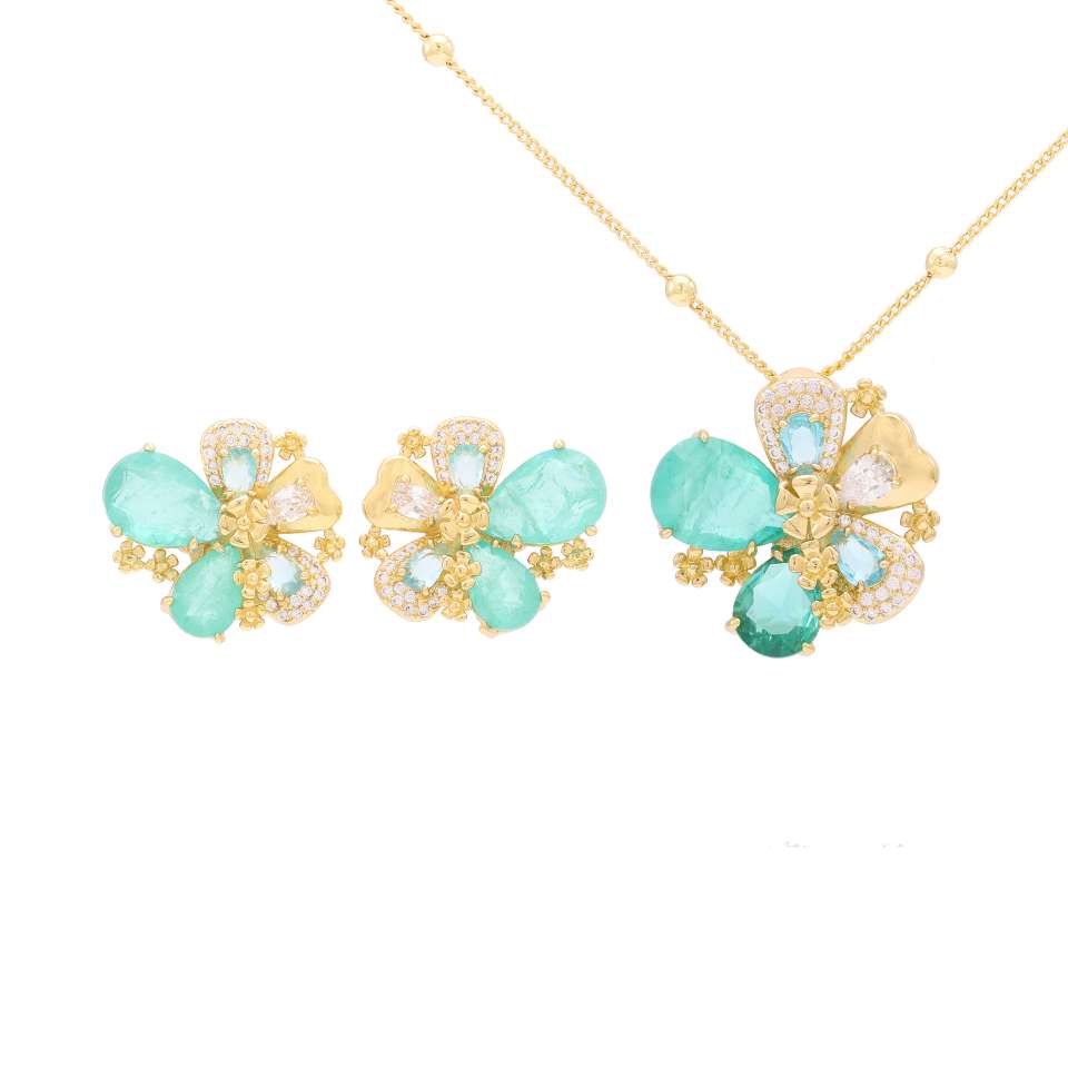 Wholesale of genuine gold electroplated zircon three-dimensional flower necklaces and earrings, heavy industry light luxury fashion jewelry sets