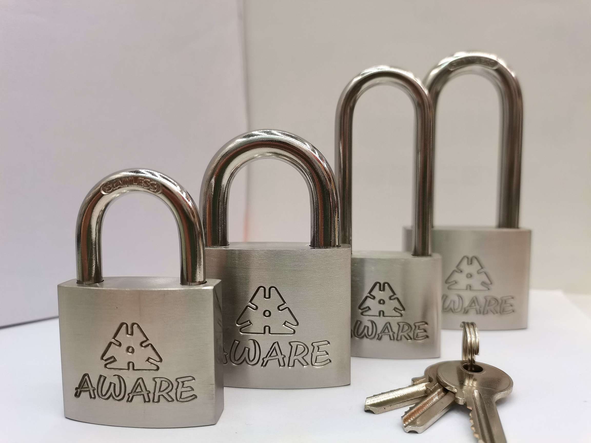 Stainless steel padlock, brand AWARE, 30mm. 40mm. 50mm. 60mm. Specification image