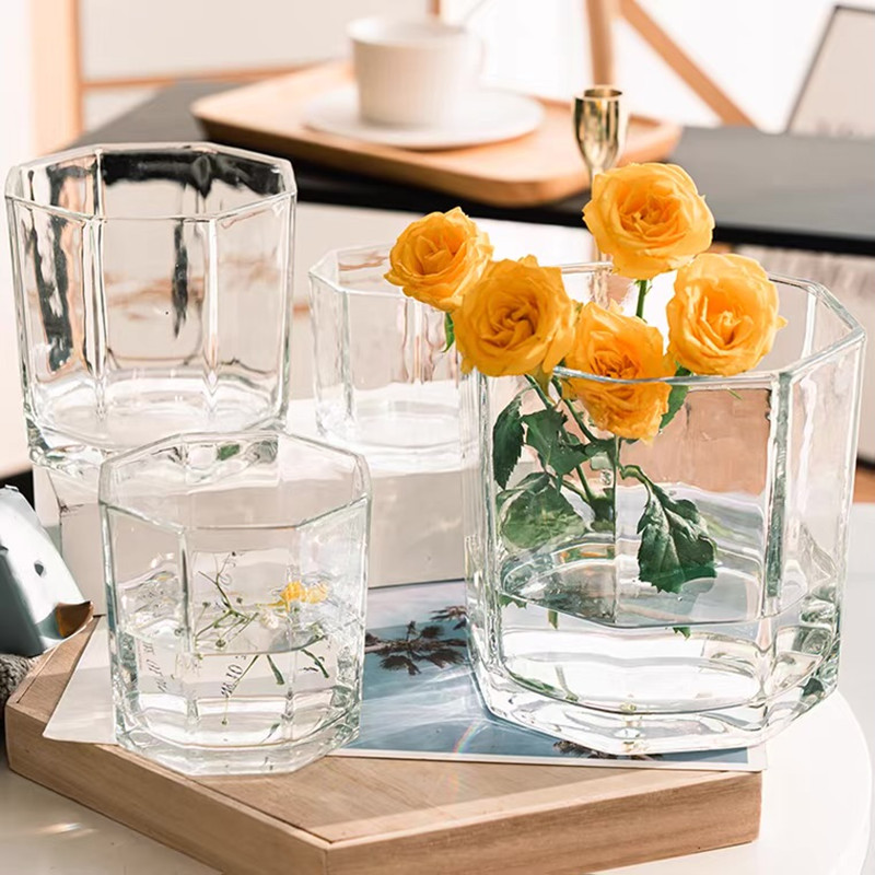 Yuxing Glass's simple and creative octagonal glass vase, thickened pennywort and pothos hydroponic plant vase, candlestick decorative item Specification image